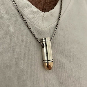 Men&#39;s Real Solid 925 Oxidized Vintage Look Sterling Silver & 14k Gold Finish 9mm Bullet Pendant 2mm Box Necklace Chain 18-30&quot;