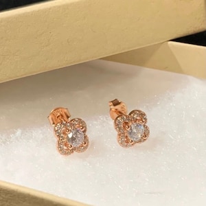 Women&#39;s Girl&#39;s Dainty Small 14k Rose Gold over Solid 925 Sterling Silver iced out floral flower earrings