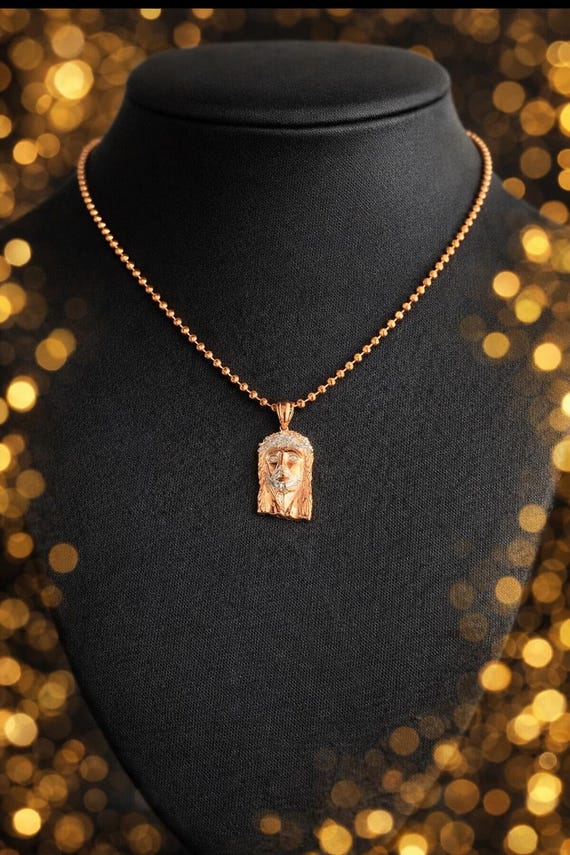 Amazon.com: Jesus Piece Bling Chain Micro Pave Pendant Gold  Jesus Medallion Pendant Iced Out 14K Gold 24” Rope​ display picture 1