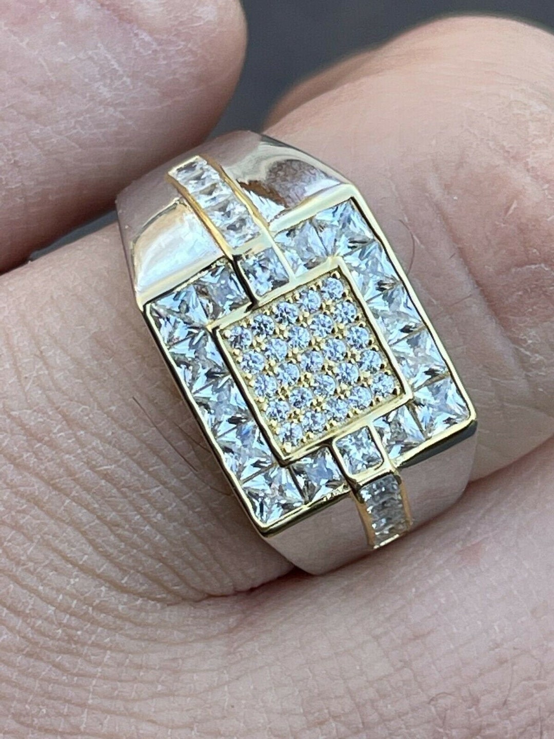 メンズスクエアマイクロパヴェリング：925スターリングシルバー、14K