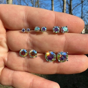 Mens Women&#39;s Rainbow Opal Moissanite Stud Earrings PASSES DIAMOND TESTER, Real Solid 925 Sterling Silver 3mm to 8mm Screw Backs