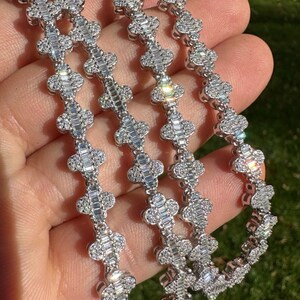 Iced Out MOISSANITE Baguette Clover Tennis Chain, vvs D Color, Solid 925 Sterling Silver Rhodium Finish, 14&quot; - 24&quot;, PASSES DIAMOND Tester!!!