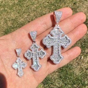 Iced Out Baguette Moissanite Gothic Cross Pendants (3 Sizes) Mens Womens Rose Gold Vermeil over 925 Sterling Silver, PASSES DIAMOND TESTER!!