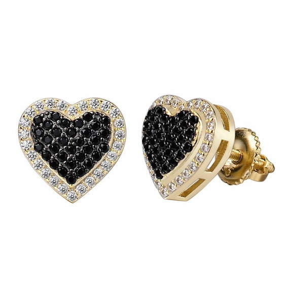 Sterling Silver Black And White Diamond Heart Halo Screw Back Earrings Sterling Silver Black And White Diamond Heart Halo Screw Back Earrings