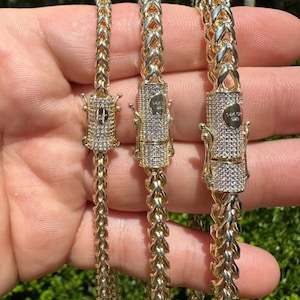 MOISSANITE Clasp 14k Yellow Gold Plated Stainless Steel Franco Chain 18&quot;-30&quot; Or Bracelet 7.5&quot; / 8.5&quot;, PASSES Diamond TESTER! 4mm, 5mm, 6mm