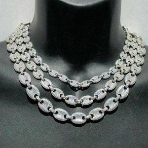Men's Women's Iced Out Puffed Mariner Link Chains Simulated Diamonds (cz) Solid 925 Sterling Silver 8mm, 10mm, 12mm Widths & 16"-30" Lengths