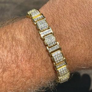 Men&#39;s Custom Made 11mm Bracelet 14k Gold over 925 Silver Simulated Diamonds, 7.5&quot; or 8.5&quot; lengths available