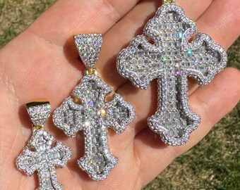 アクセサリー Glitter Baguette Diamond Cross Necklace Iced Out Baguette Moissanite Gothic Cross Pendant: 14k Gold