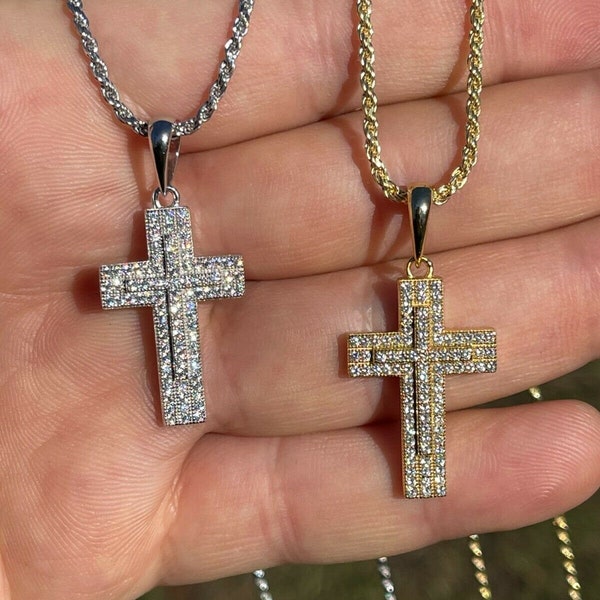 Iced Out 925 Sterling Silver Men's Women's Crucifix Cross Jesus Pendant 14k Gold/Rhodium Finish 1.5" x .75", 2mm Rope Chain 16-30", P31/32