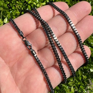 メンズまたはレディース用 2.5 MM 酸化ブラックロジウムコーティング 925 スターリングシルバー ダイヤモンドカット フランコチェーン 長さ 16 インチ - 30 インチ
