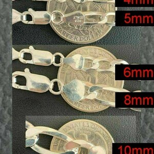 May include: Close-up of four silver chains of different widths, each placed next to a US quarter dollar coin. The chains are 4mm, 5mm, 6mm, 8mm, and 10mm wide. Each chain has a heart-shaped tag with "925 ITALY" stamped on it.