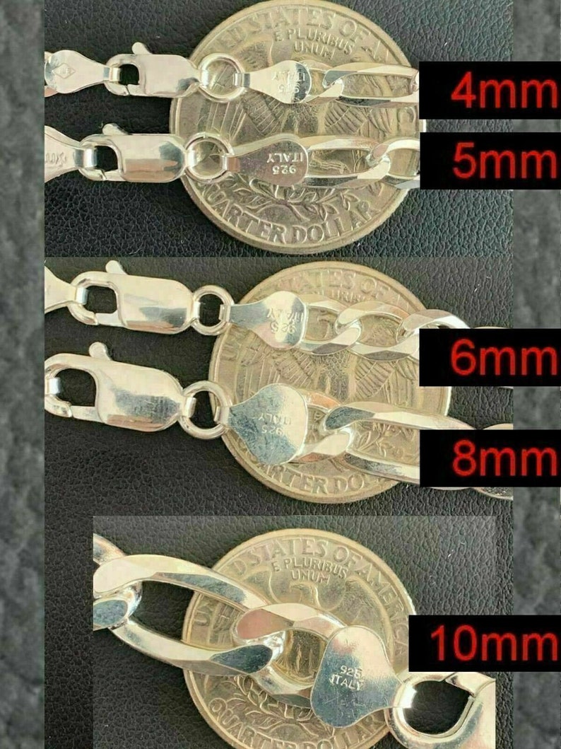 May include: Close-up of four silver chains of different widths, each placed next to a US quarter dollar coin. The chains are 4mm, 5mm, 6mm, 8mm, and 10mm wide. Each chain has a heart-shaped tag with "925 ITALY" stamped on it.