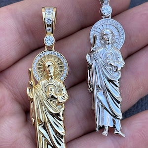 Solid 925 Sterling Silver Custom made St. Jude San Judas Tadeo Iced Out Pendant 14k Yellow Gold or Rhodium Finish, 1.75&quot; x .75&quot;