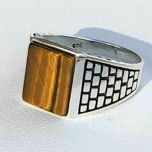 Men&#39;s Custom Made Solid 925 Sterling Silver Small Square Tiger&#39;s Eye Signet Pinky Ring Sz 7 8 9 10 11 12 13