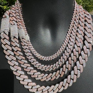 MOISSANITE Prong Miami Cuban Link Chain Necklace Two Tone 14k Rose Gold & Solid 925 Sterling Silver, 16&quot; - 30&quot; PASSES DIAMOND Tester!!!
