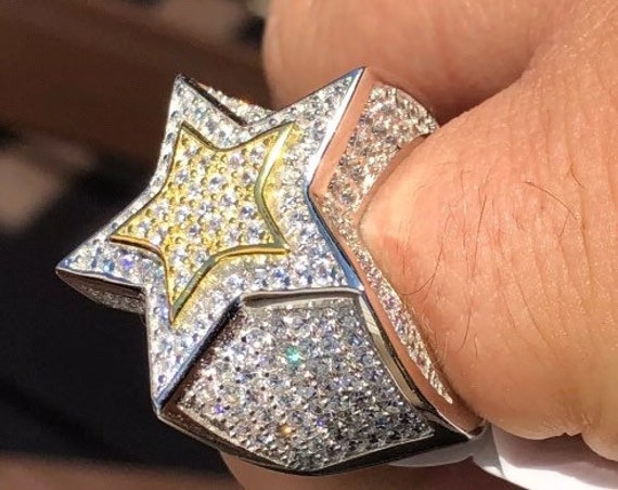 3D Star Hip Hop Ring: Solid Sterling Silver, 14k Gold Inlay