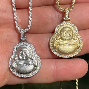 Men&#39;s Women&#39;s Solid 925 Sterling Silver Iced Out Laughing Buddha Pendant, Natural Silver/14k Gold Finish, Optional 2mm Rope Chain...P496A/B