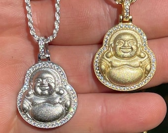 Iced Out Laughing Buddha Pendant: 925 Sterling Silver, CZ Diamonds, Handmade in Italy