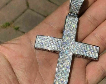 MEN SOLID 925 STERLING SILVER ICY BLING CZ SILVER 3D CROSS CHARM PENDANT*SP226