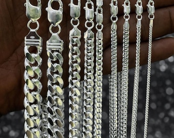 Men's Women's SOLID 925 Sterling Silver Lobster Clasp Miami Cuban Necklace Chain, 2mm-12mm, 16" - 30"