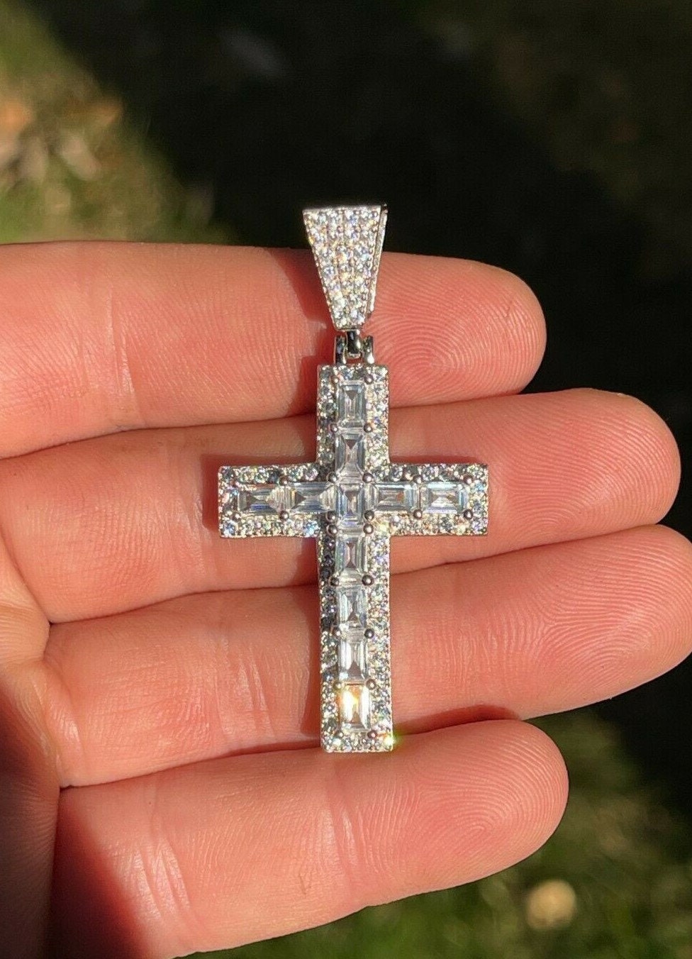 Ciondolo Croce Argento 925 &ndash; Baguette Ghiacciata Zirconi &ndash; Placcato Oro/Argento 3D