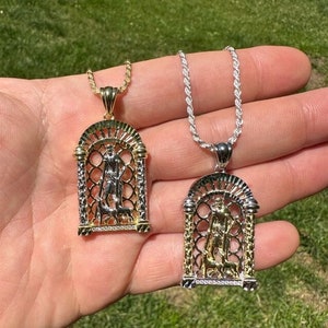 Men&#39;s Moissanite St. Lazarus San Lazaro Pendant Solid 925 Sterling Silver in Rhodium or 14k Gold Finish, PASSES DIAMOND TESTER!!!
