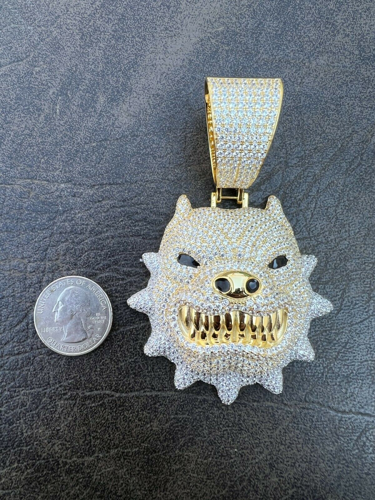 HUGE 3.5 Angry Pitbull Pendant Iced Out W simulated Diamonds 14k