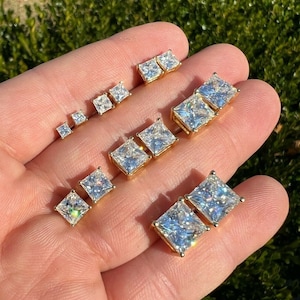 Moissanite Iced Out Square Princess Cut Screwback Earrings 14k Gold over Solid 925 Sterling Silver, PASSES DIAMOND TESTER!!!  3-9mm Sizes!!!