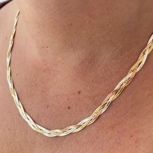 Women’s 5mm Flat Solid 925 Sterling Silver TRI-COLOR Silver/Gold/Rose Twisted/Braided Herringbone Necklace  14"-24" Matte Finish
