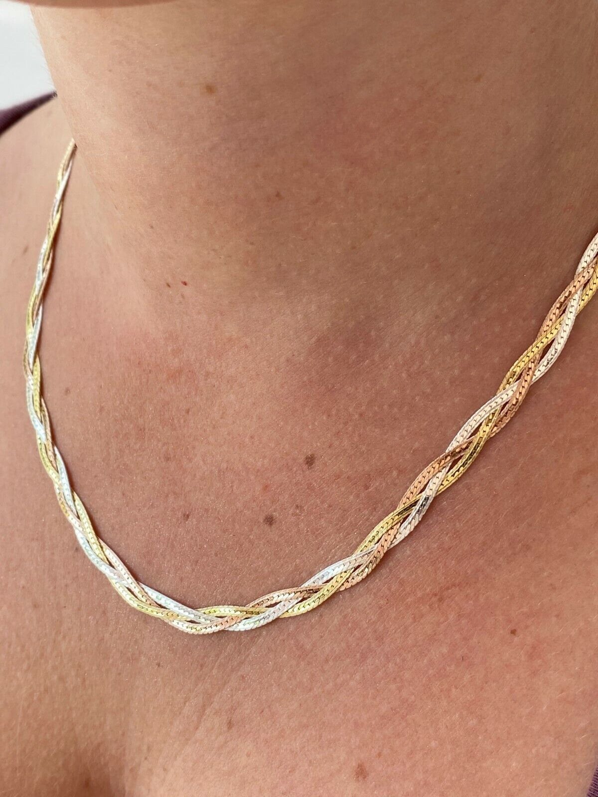 Women’s 5mm Flat Solid 925 Sterling Silver TRI-COLOR Silver/Gold/Rose Twisted/Braided Herringbone Necklace  14"-24" Matte Finish