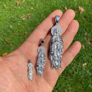 Ciondolo con diamanti ghiacciati in argento sterling 925 autentico VERGINE MARIA Guadalupe da uomo e da donna, piccolo, medio, grande....P489sm/P491me/P493lg