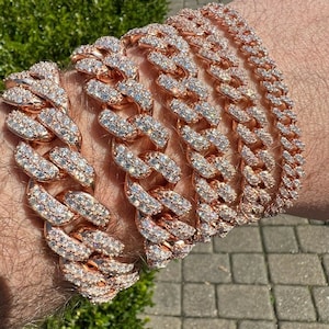 Mens Womens Iced MOISSANITE Cuban Bracelets Rose Gold Over 925 Sterling Silver PASSES DIAMOND Tester!!! 7&quot; or 8.5&quot;, 6mm/9mm/12mm/15mm/18mm