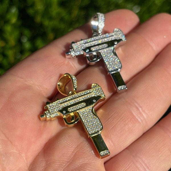 Iced Out Moissanite (PASSES DIAMOND TESTER) 925 Sterling Silver Uzi Gun Pendant Rhodium or Gold Finish....P-M-33/34