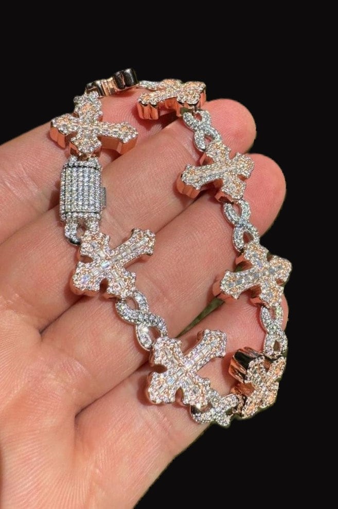 Moissanite Gothic Cross Infinity Link Bracelet, Two-tone Moissanite Gothic Cross Infinity Link Bracelet, Two-tone