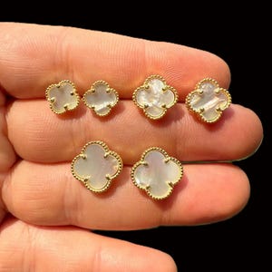Men's Women's Mother of Pearl Clover Earrings 14k Gold Vermeil over Solid 925 Sterling Silver, 8mm, 10mm & 12mm Sizes, PUSH BACKS!