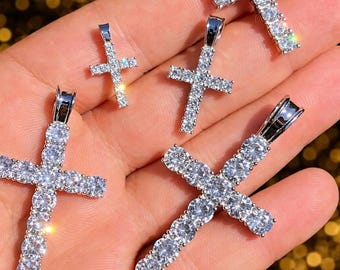 Moissanite Cross Pendant: Solid 925 Sterling Silver Tennis Style, 5 sizes