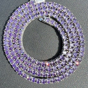 Men&#39;s Women&#39;s 3mm Real Solid 925 Sterling Silver Purple Amethyst Tennis Necklace Chain 16&quot; 18&quot; 20&quot; 22&quot; 24&quot; 28&quot;