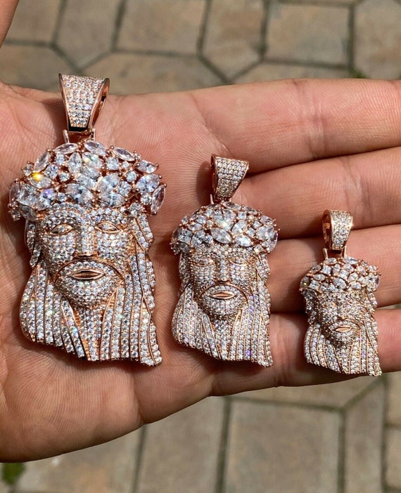 Rose Gold Over 925 Sterling Silver Jesus Pendants, Super Iced Out