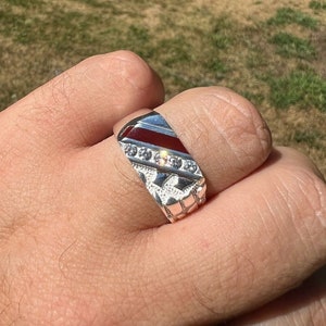 Men&#39;s Red Agate NUGGET Pinky Ring Solid 925 Sterling Silver Simulated Diamonds CZ, Available in Sizes 6, 7, 8, 9, 10, 11, 12, 13
