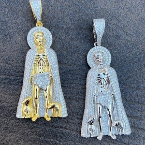 St. Lazarus San Lazaro Pendant Solid 925 Sterling Silver-Rhodium or 14k Gold Vermeil, Simulated Diamonds (CZ), 2&quot; x 1&quot;