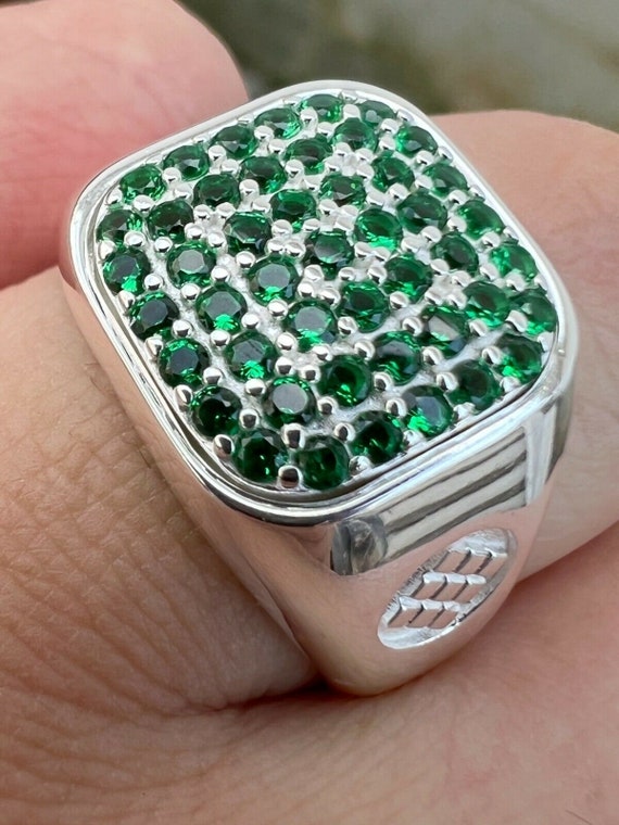Men's Real Solid 925 Sterling Silver Icy Green Emerald Square
