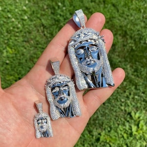 Men&#39;s or Women&#39;s Solid 925 Sterling Silver Iced Out MOISSANITE Jesus Pendants, small/medium/large, PASSES DIAMOND Tester!!!