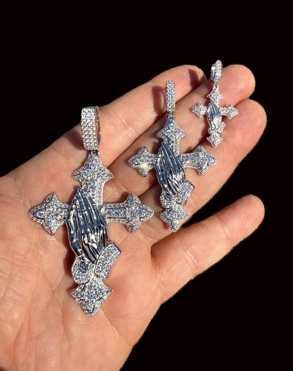 Moissanite Praying Hands Cross Pendant, Sterling Silver Rhodium