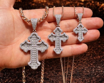 Iced Baguette Moissanite Gothic Cross Pendant: Rose Gold Vermeil Sterling Silver