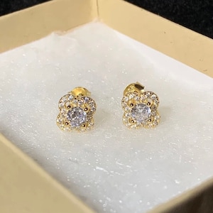 Women&#39;s Girl&#39;s Dainty Small 14k Yellow Gold over Solid 925 Sterling Silver iced out floral flower earrings