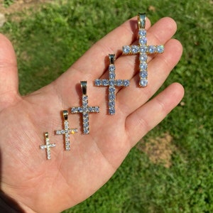 Men&#39;s or Women&#39;s MOISSANITE Gold Vermeil over Solid 925 Sterling Silver Tennis Cross Pendants, 5 Sizes Available!! PASSES DIAMOND Tester!!!
