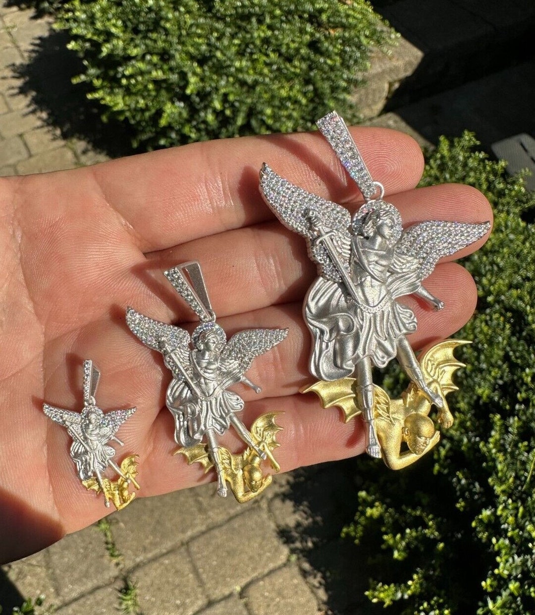 MOISSANITE St. Michael Archangel Slaying Devil Pendant, Two