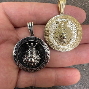 925 Sterling Silver Lion of Judah w/Crown, King of the Jungle Pendant Medallion, Natural Silver w/Blackened Rhodium OR 14k Gold Finish