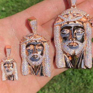 Rose Gold over Solid 925 Sterling Silver Jesus Pieces in 3 Sizes, Super Iced Out Simulated Diamond Pendants
