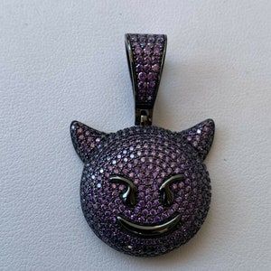 Custom Made Solid 925 Sterling Silver Iced Out Purple Simulated Diamond Hip Hop Devil Face Emoji Pendant image 5